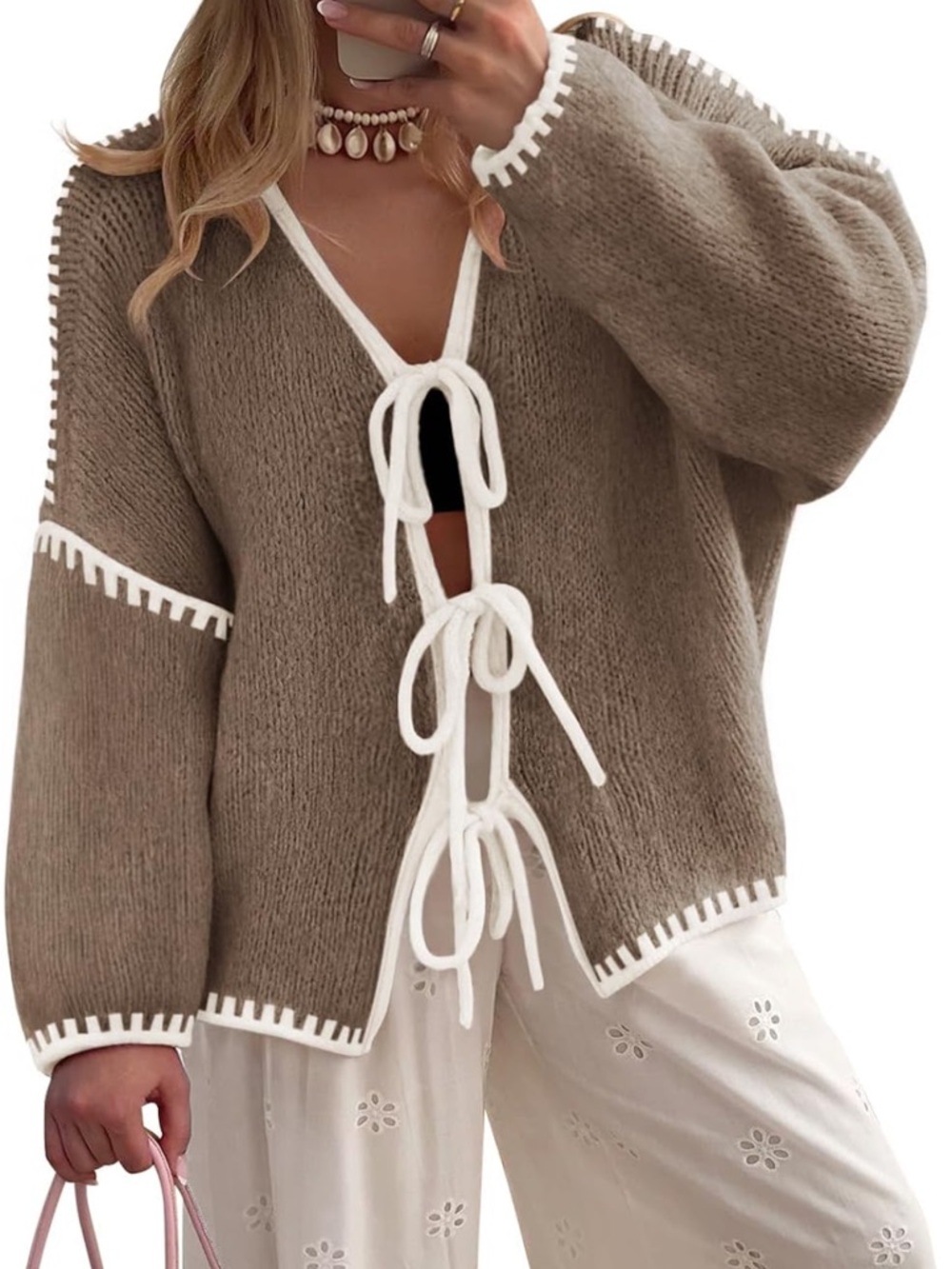 Neutral Taupe Tie-Front Sweater Cardigan